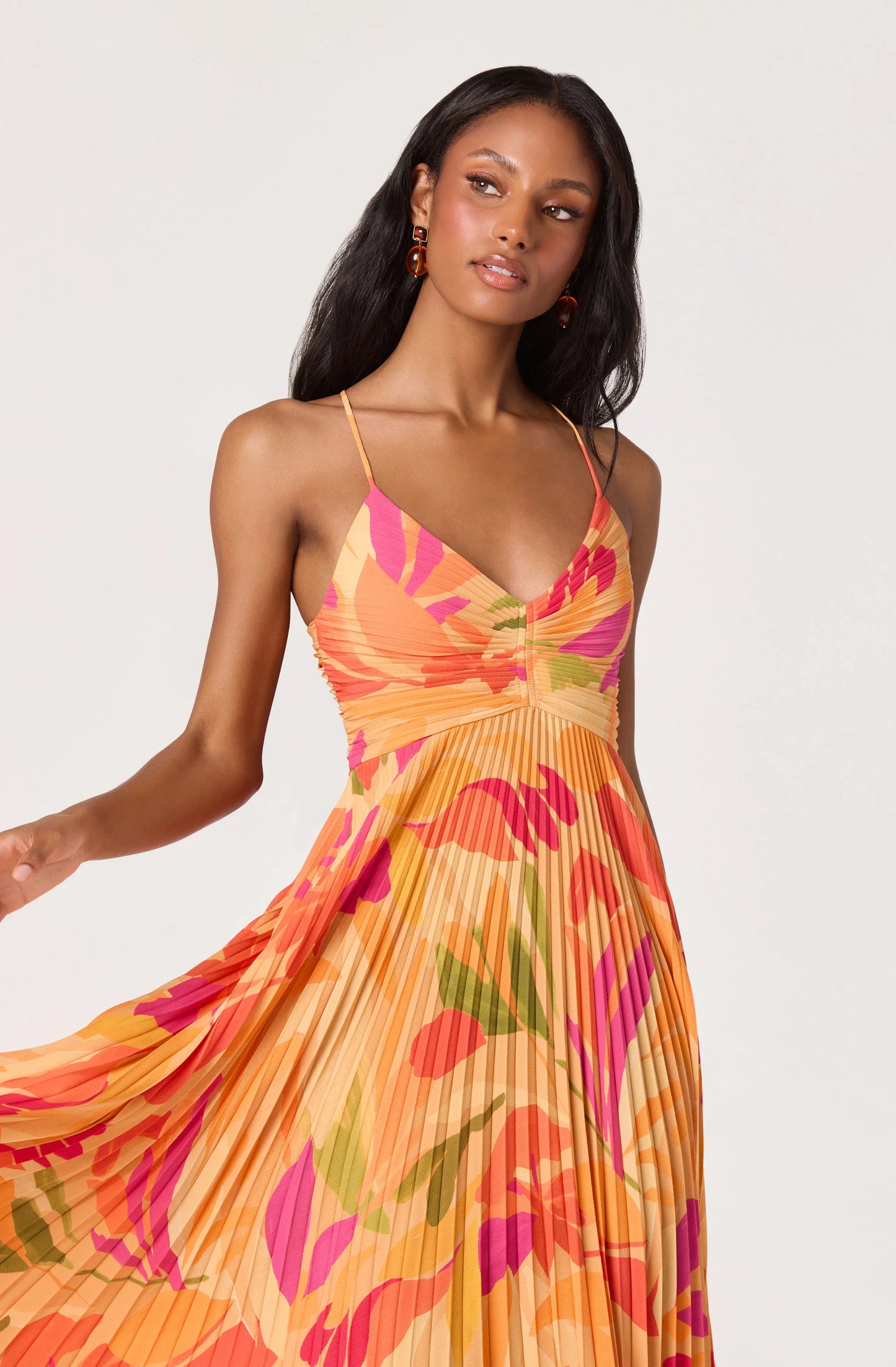 Blythe Floral Plisse Midi Dress - Orange Floral