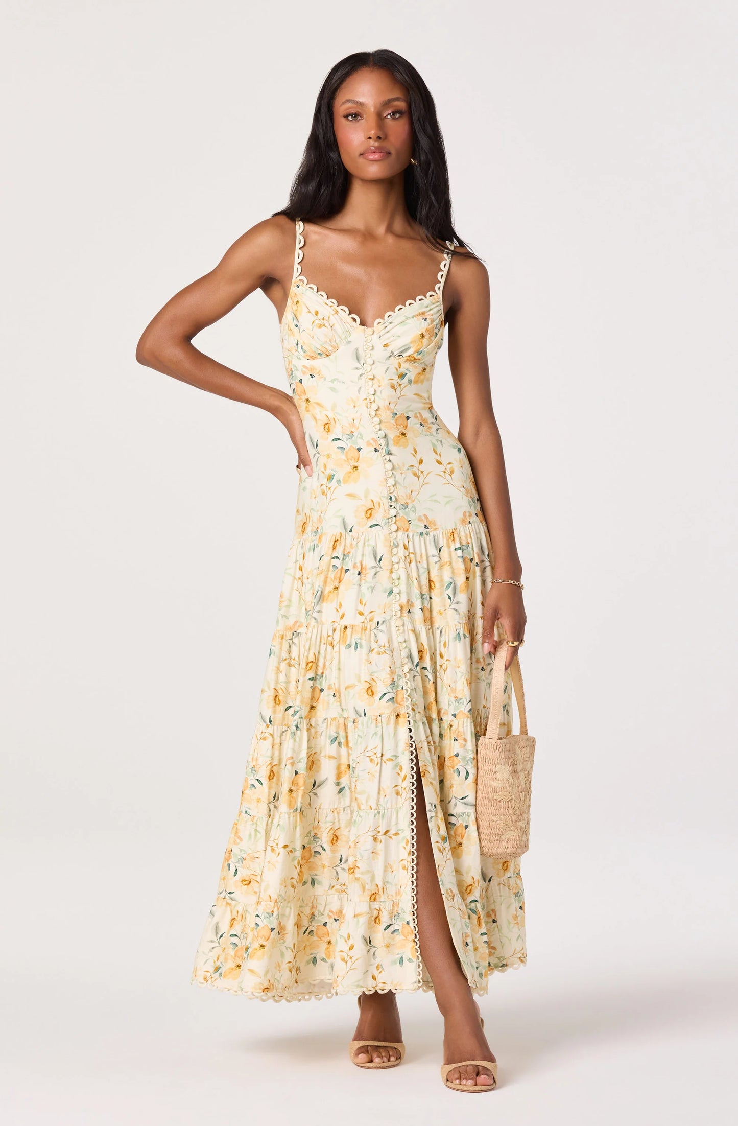 Tazia Scalloped Sweetheart Maxi Dress - Yellow Cream Floral