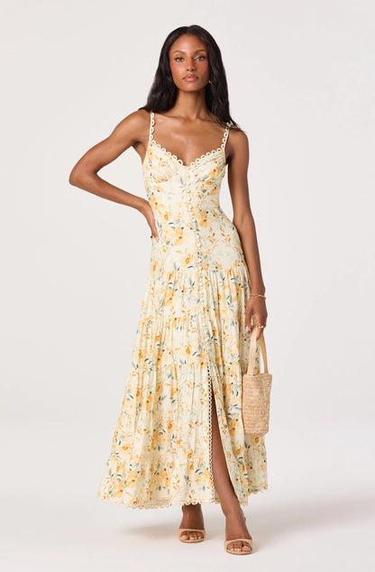 Tazia Scalloped Sweetheart Maxi Dress - Yellow Cream Floral