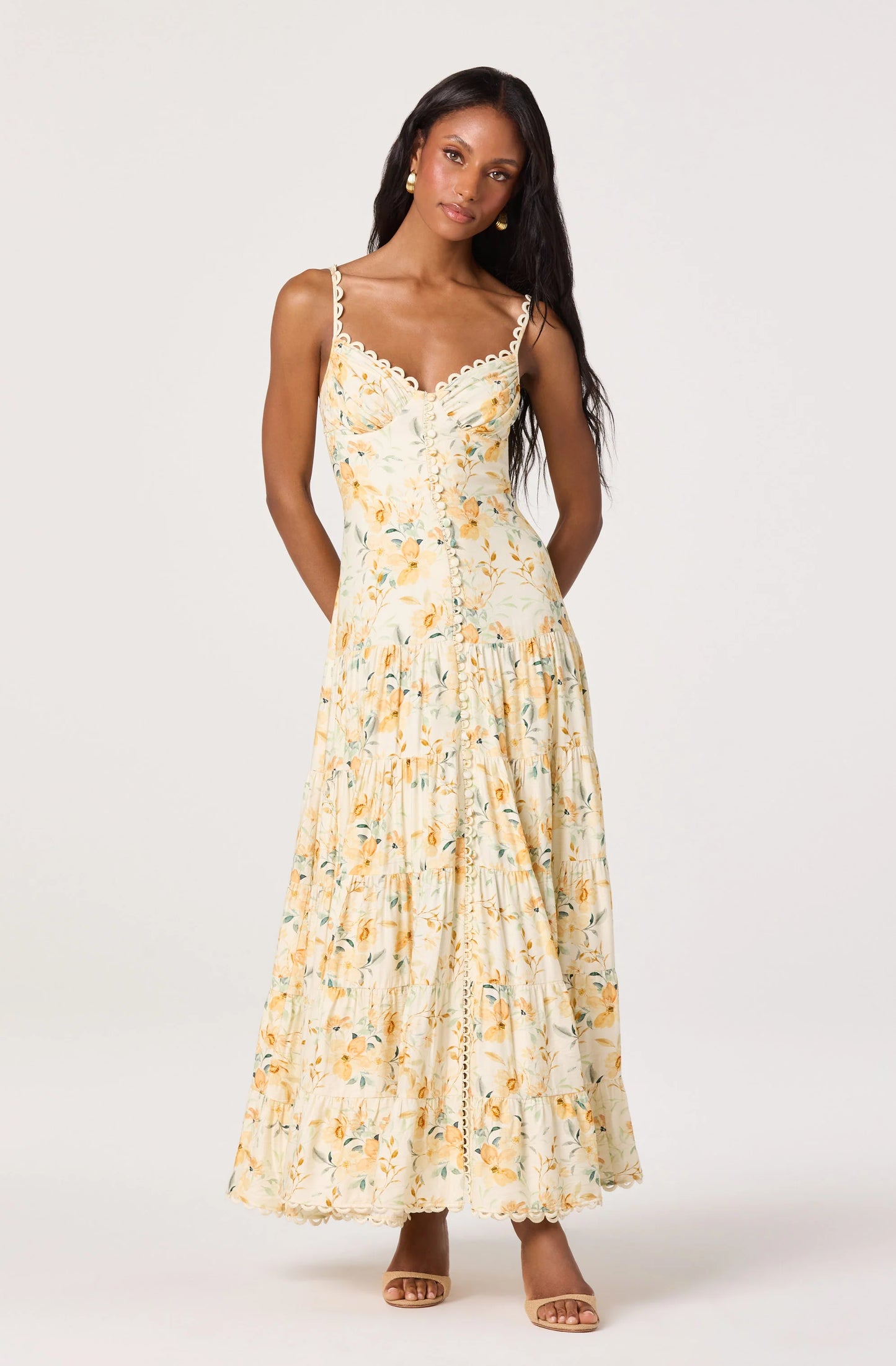 Tazia Scalloped Sweetheart Maxi Dress - Yellow Cream Floral