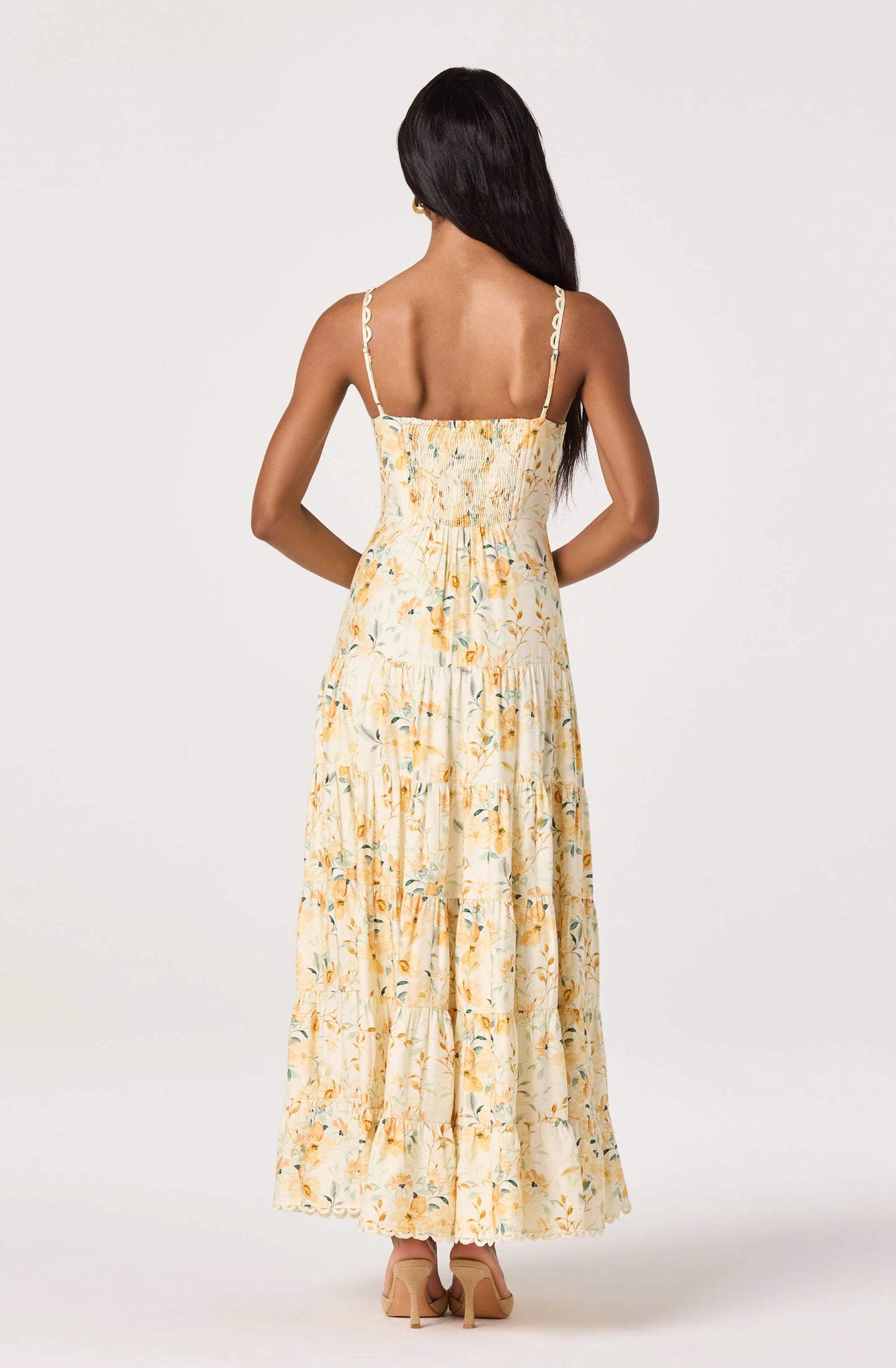 Tazia Scalloped Sweetheart Maxi Dress - Yellow Cream Floral