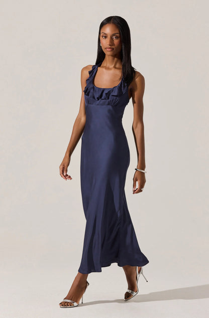 Morrigan Ruffle Trim Halter Dress - Navy