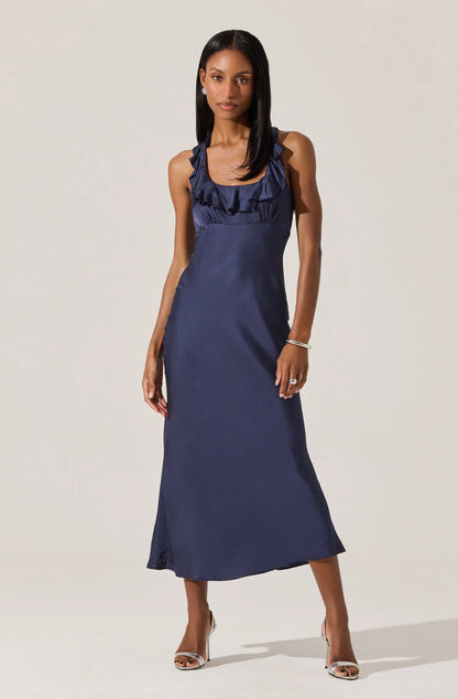 Morrigan Ruffle Trim Halter Dress - Navy