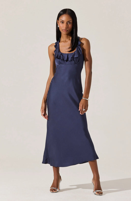 Morrigan Ruffle Trim Halter Dress - Navy
