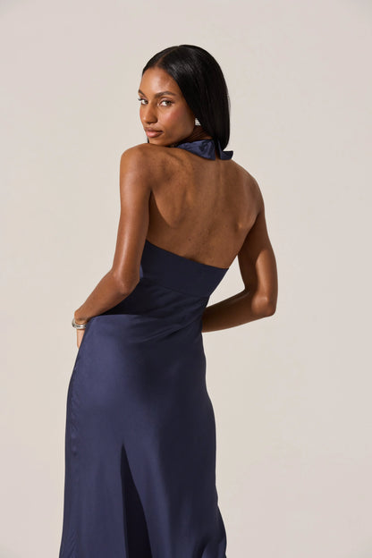 Morrigan Ruffle Trim Halter Dress - Navy