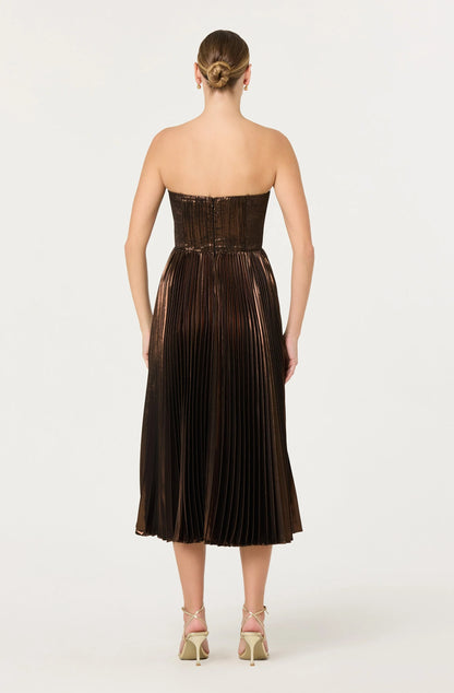 Ascella Pleated Midi Dress - Metallic Brown