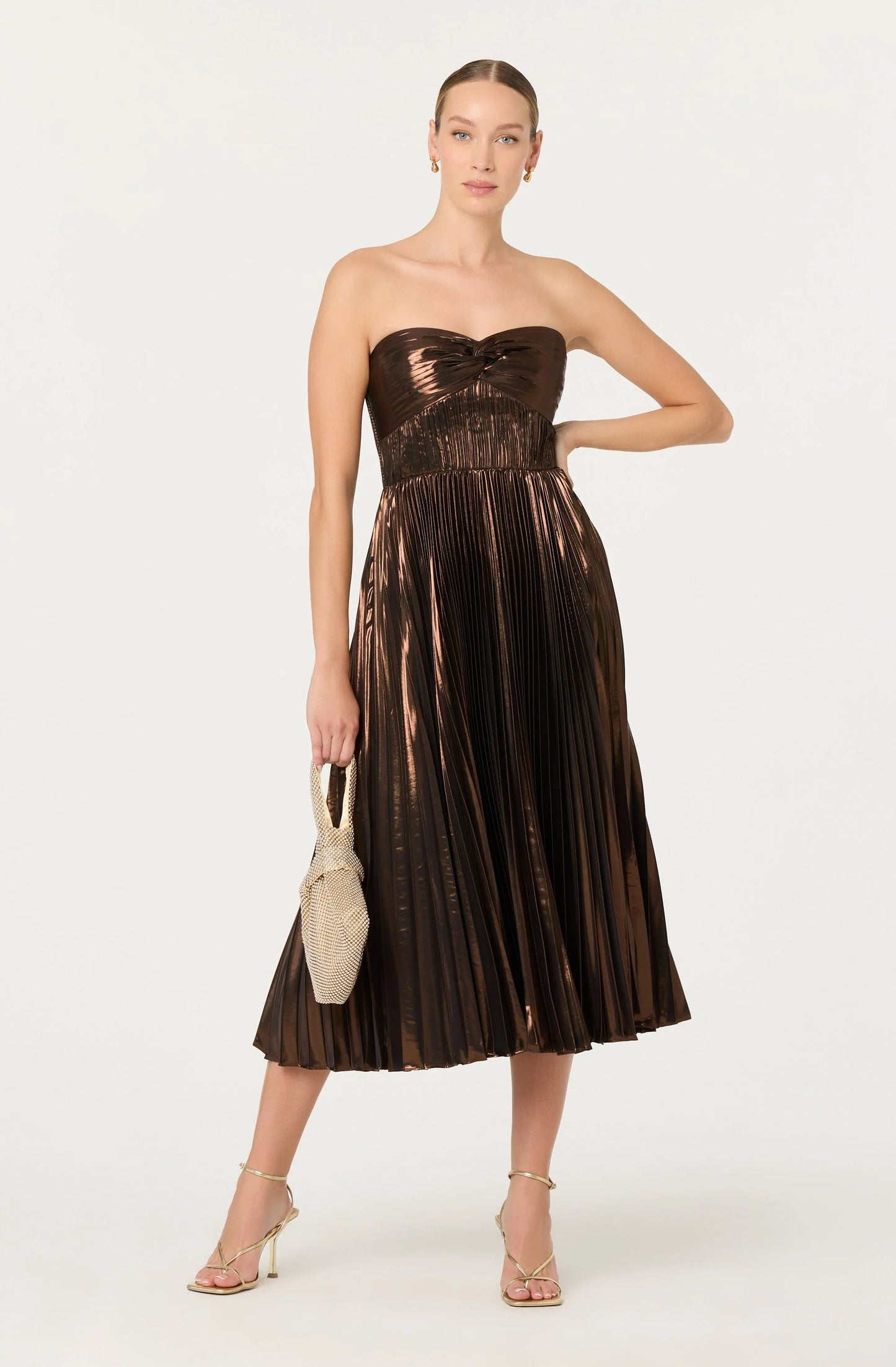 Ascella Pleated Midi Dress - Metallic Brown