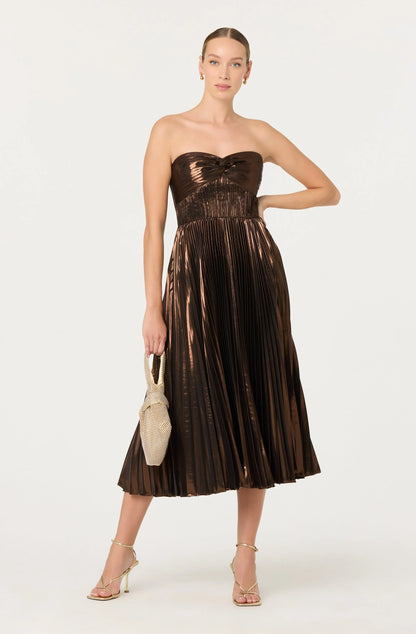 Ascella Pleated Midi Dress - Metallic Brown