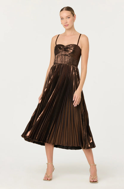 Ascella Pleated Midi Dress - Metallic Brown