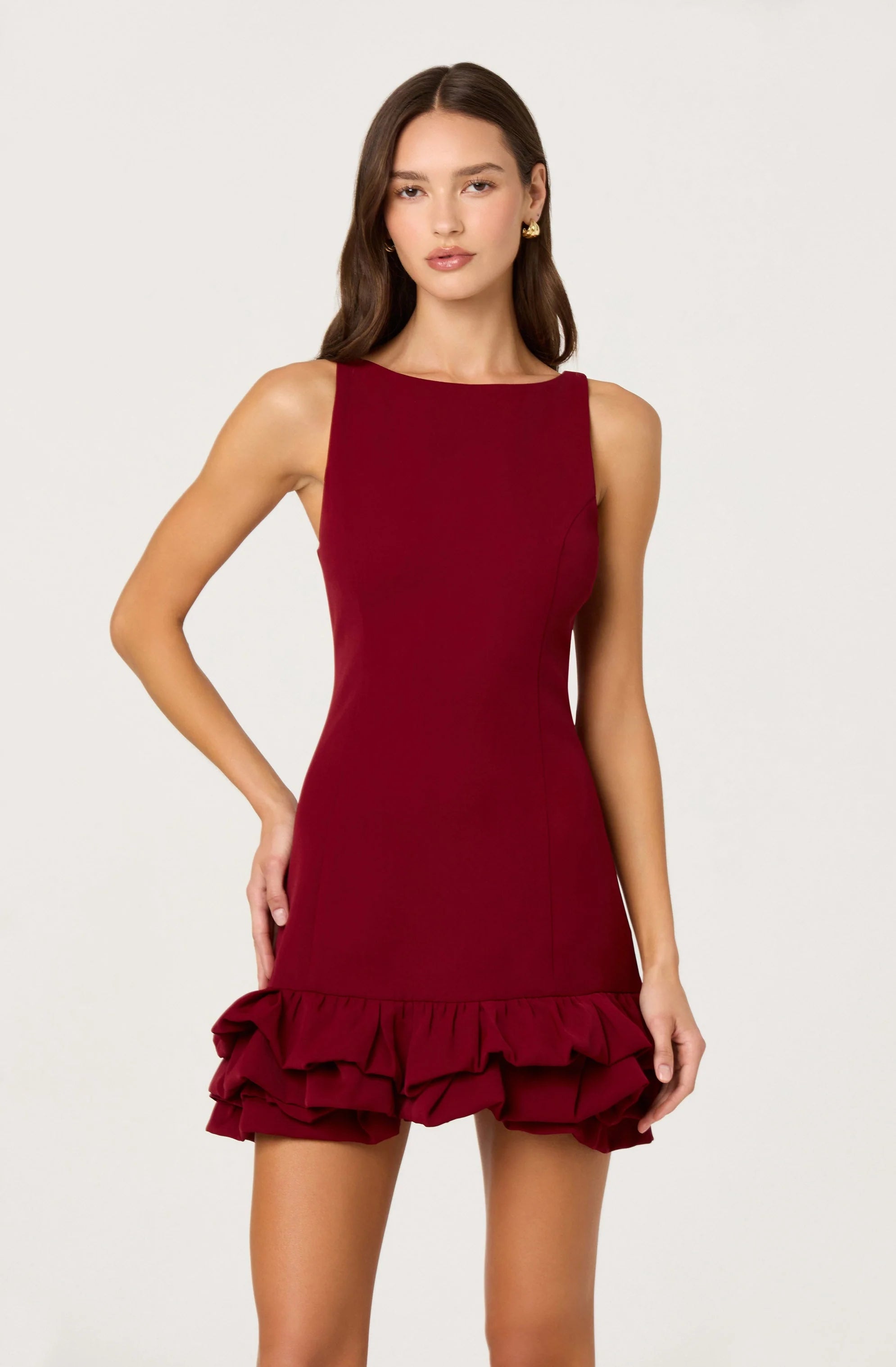 Elexis Ruffle Hem Mini Dress - Wine - Spinout