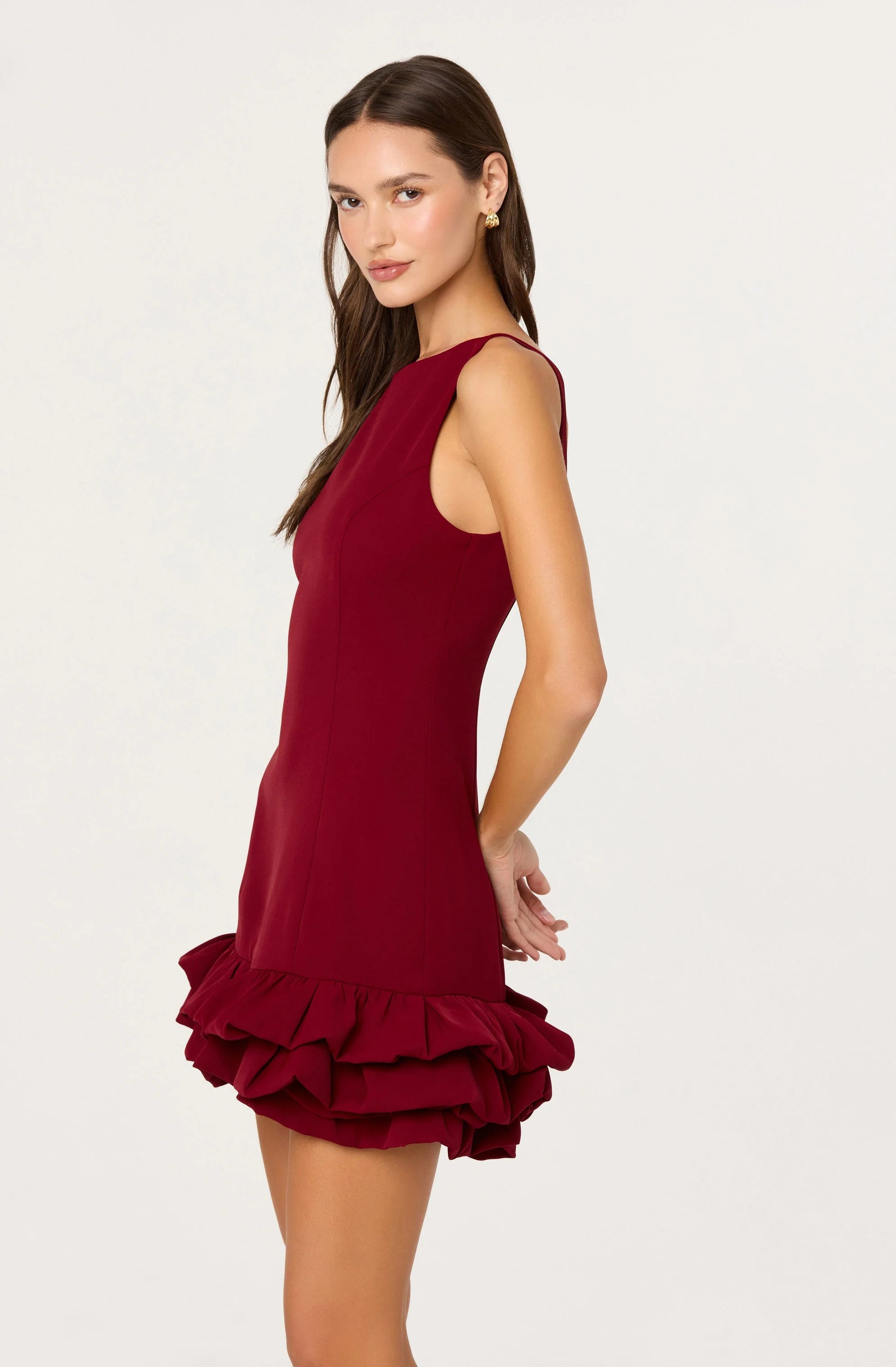 Elexis Ruffle Hem Mini Dress - Wine - Spinout