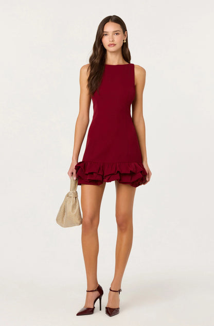 Elexis Ruffle Hem Mini Dress - Wine