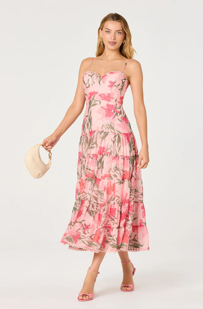 Lianna Floral Scalloped Trim Tiered Maxi Dress - Pink Floral