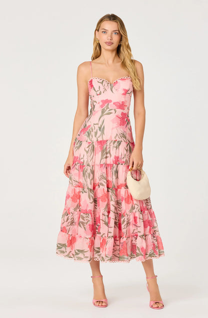 Lianna Floral Scalloped Trim Tiered Maxi Dress - Pink Floral
