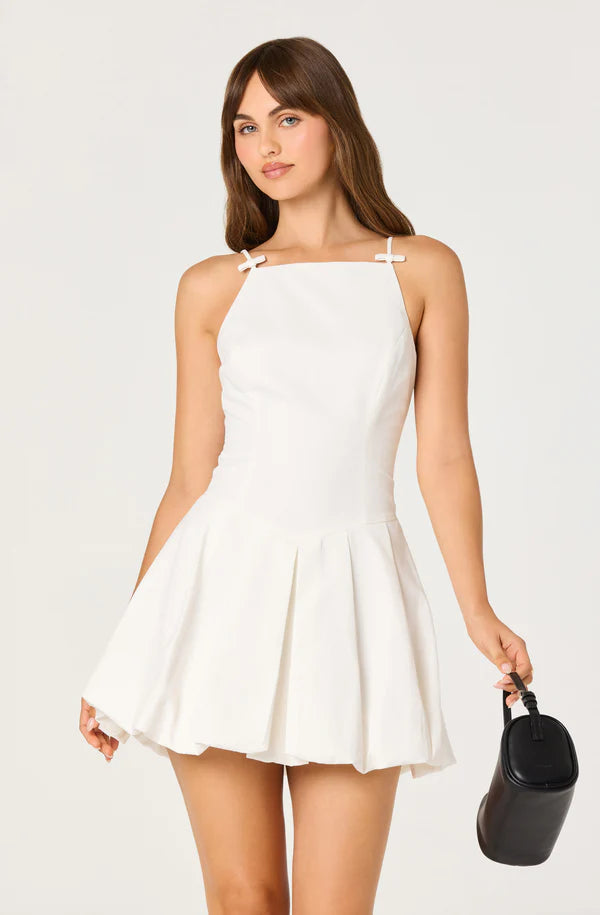 Tionna Bow-Detail Apron Neck Bubble Mini Dress - White