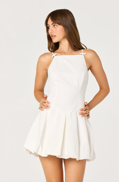 Tionna Bow-Detail Apron Neck Bubble Mini Dress - White