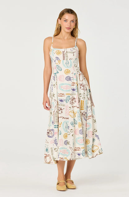 Ansley Novelty Print Linen Midi Dress - Off White Picnic