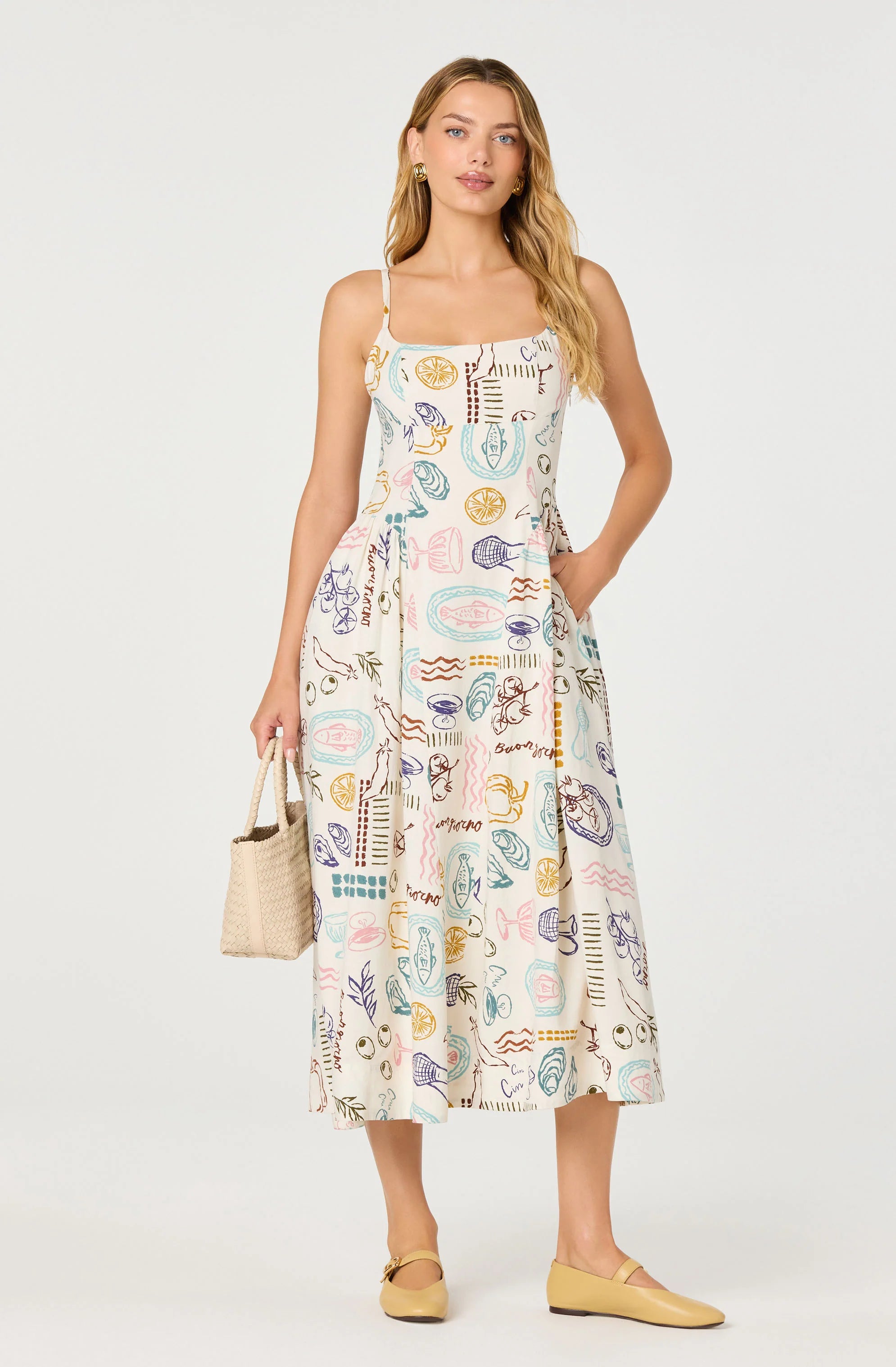 Ansley Novelty Print Linen Midi Dress - Off White Picnic