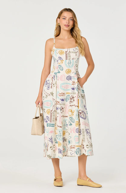 Ansley Novelty Print Linen Midi Dress - Off White Picnic