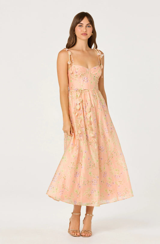 Halcyon Floral 3D Flower Appliqué Midi Dress - Peach Floral