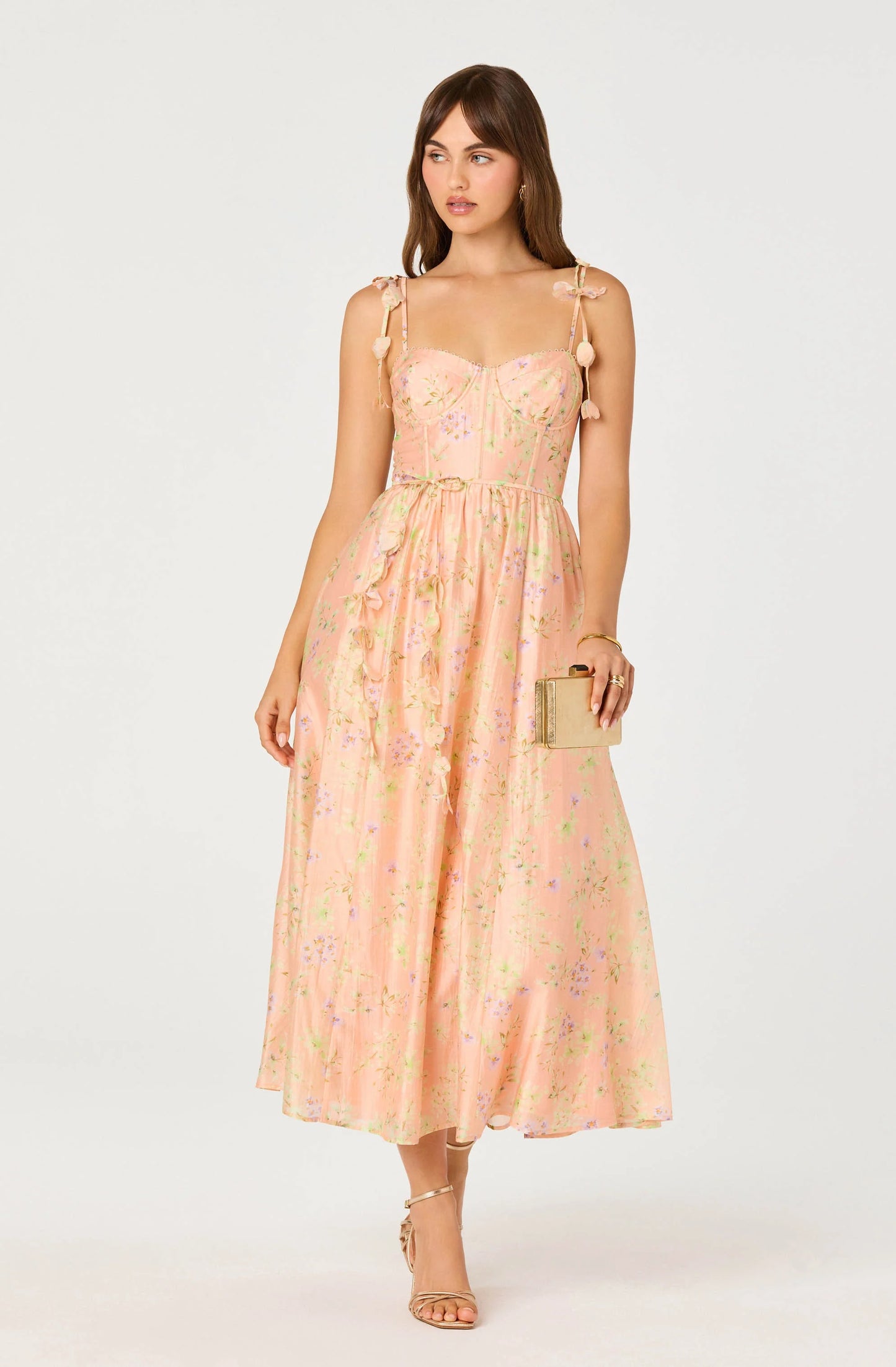 Halcyon Floral 3D Flower Appliqué Midi Dress - Peach Floral
