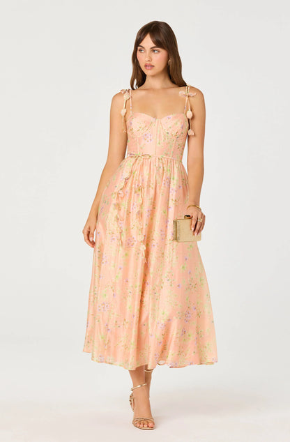 Halcyon Floral 3D Flower Appliqué Midi Dress - Peach Floral
