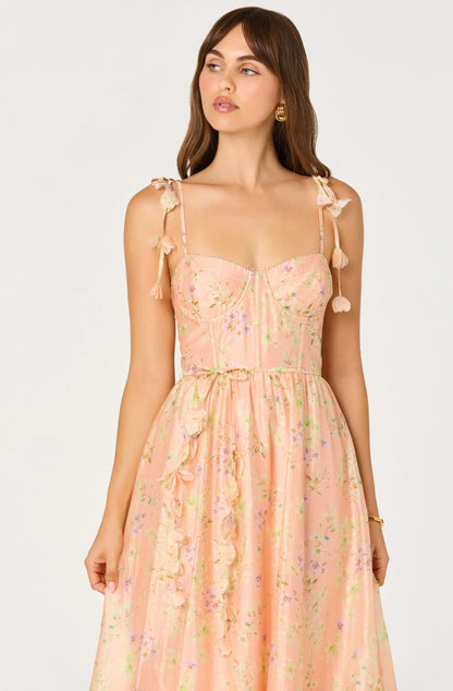 Halcyon Floral 3D Flower Appliqué Midi Dress - Peach Floral
