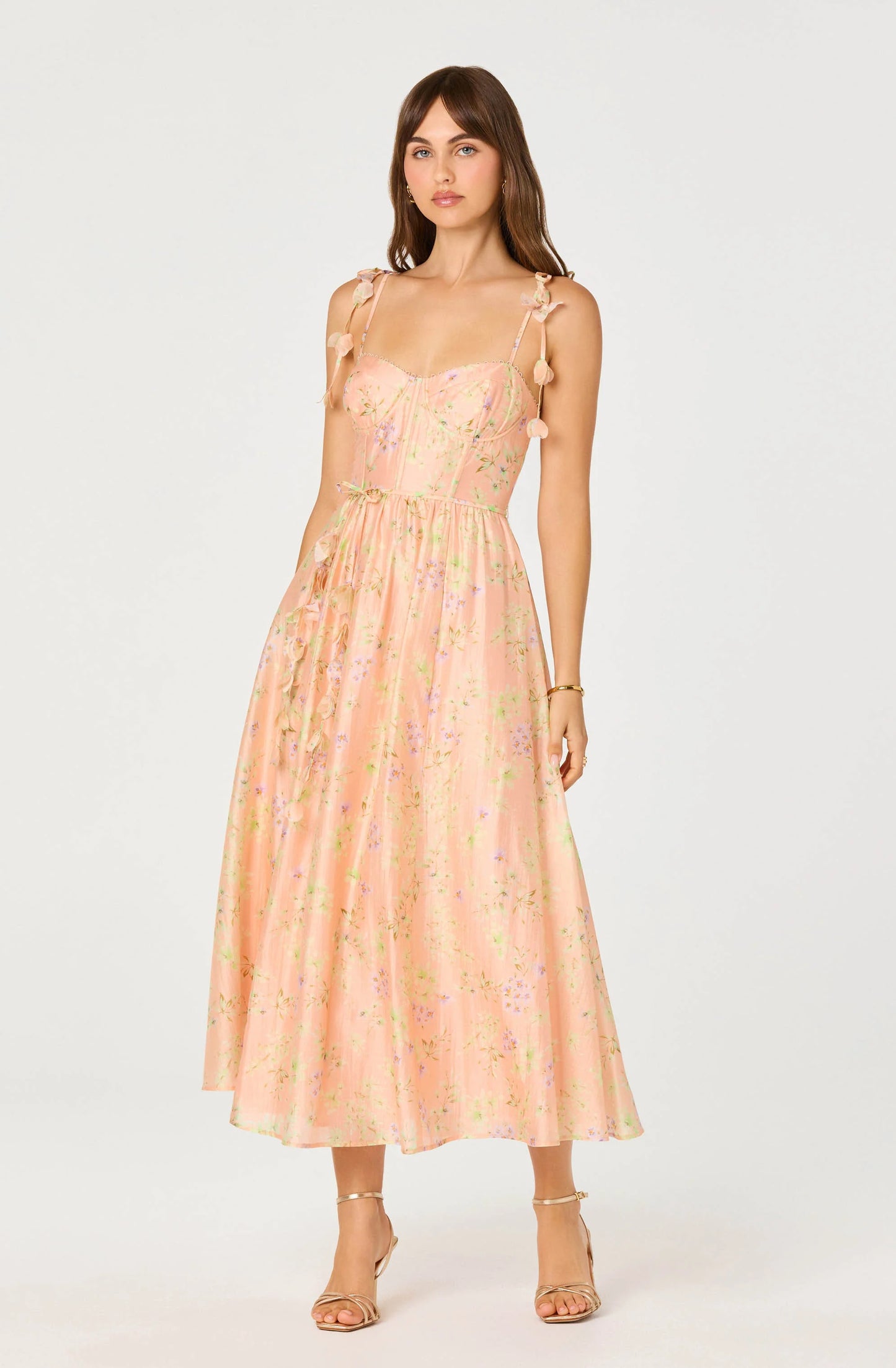 Halcyon Floral 3D Flower Appliqué Midi Dress - Peach Floral