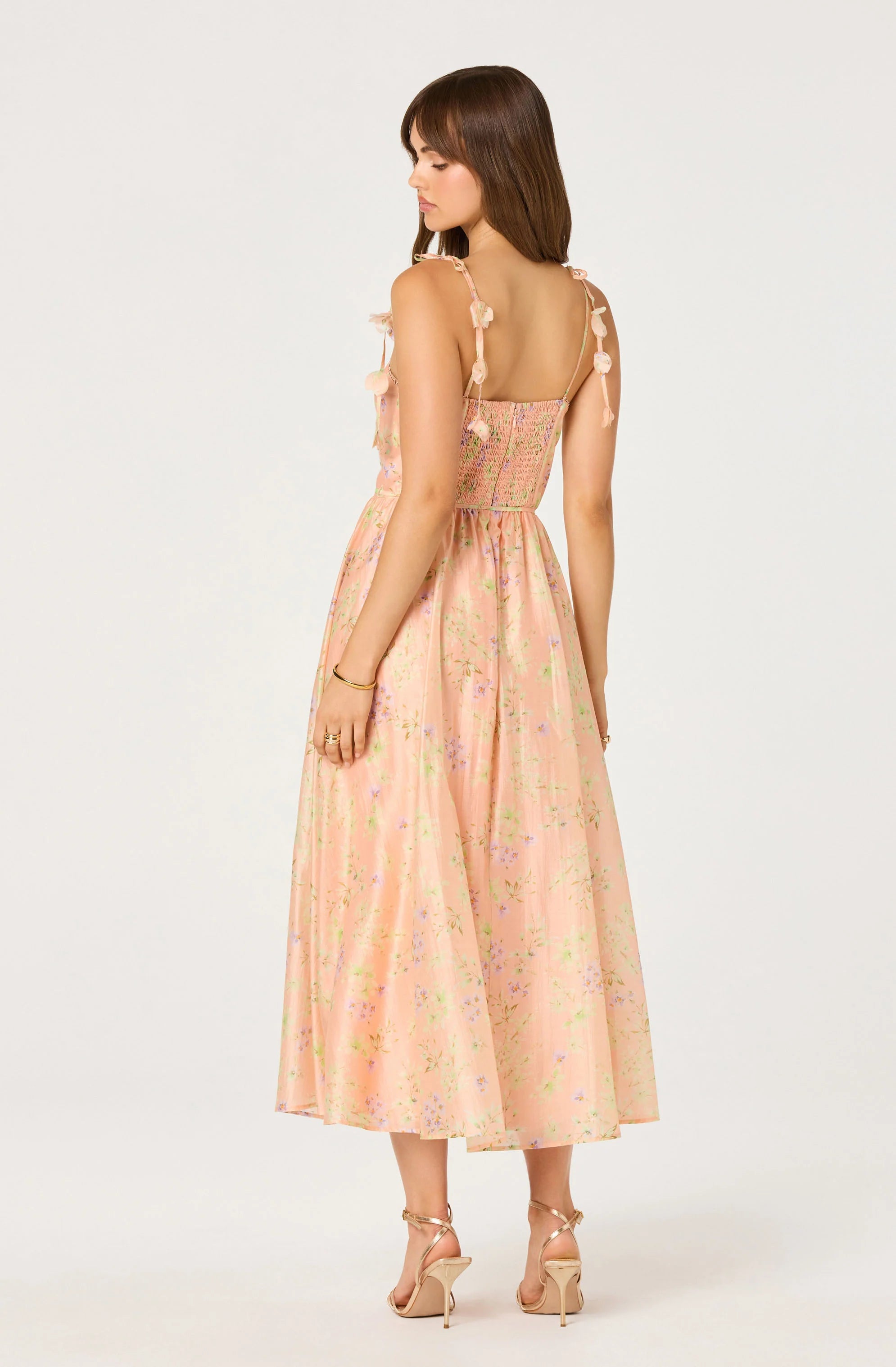 Halcyon Floral 3D Flower Appliqué Midi Dress - Peach Floral