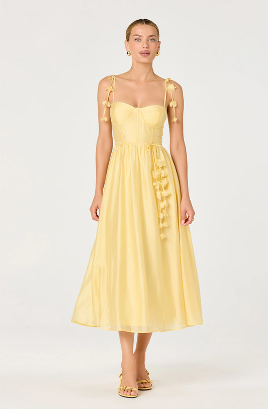 Halcyon 3D Flower Appliqué Midi Dress - Yellow