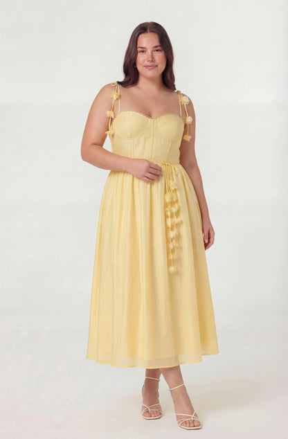 Halcyon 3D Flower Appliqué Midi Dress - Yellow
