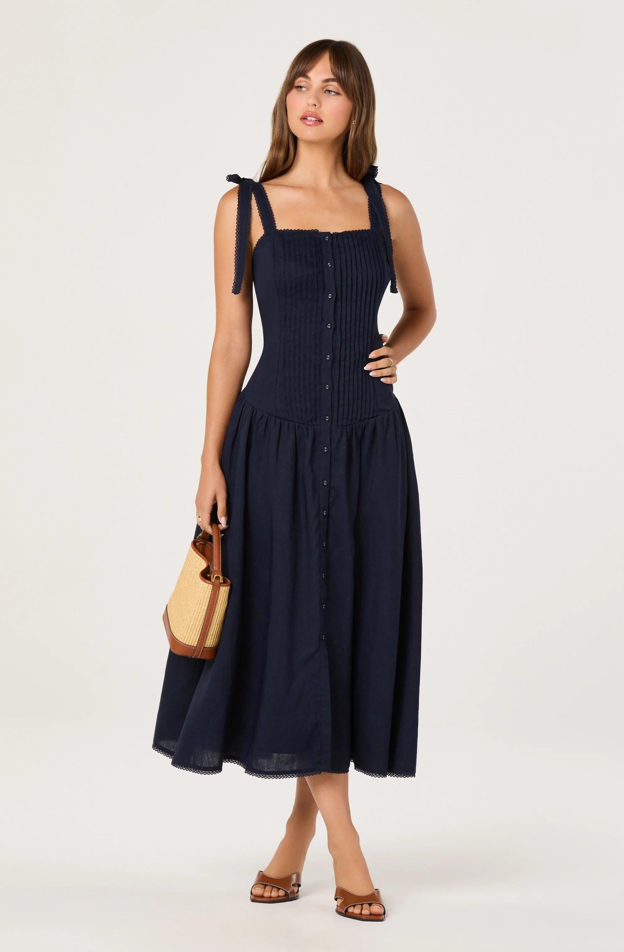 Marie Drop Waist Midi Dress - Navy
