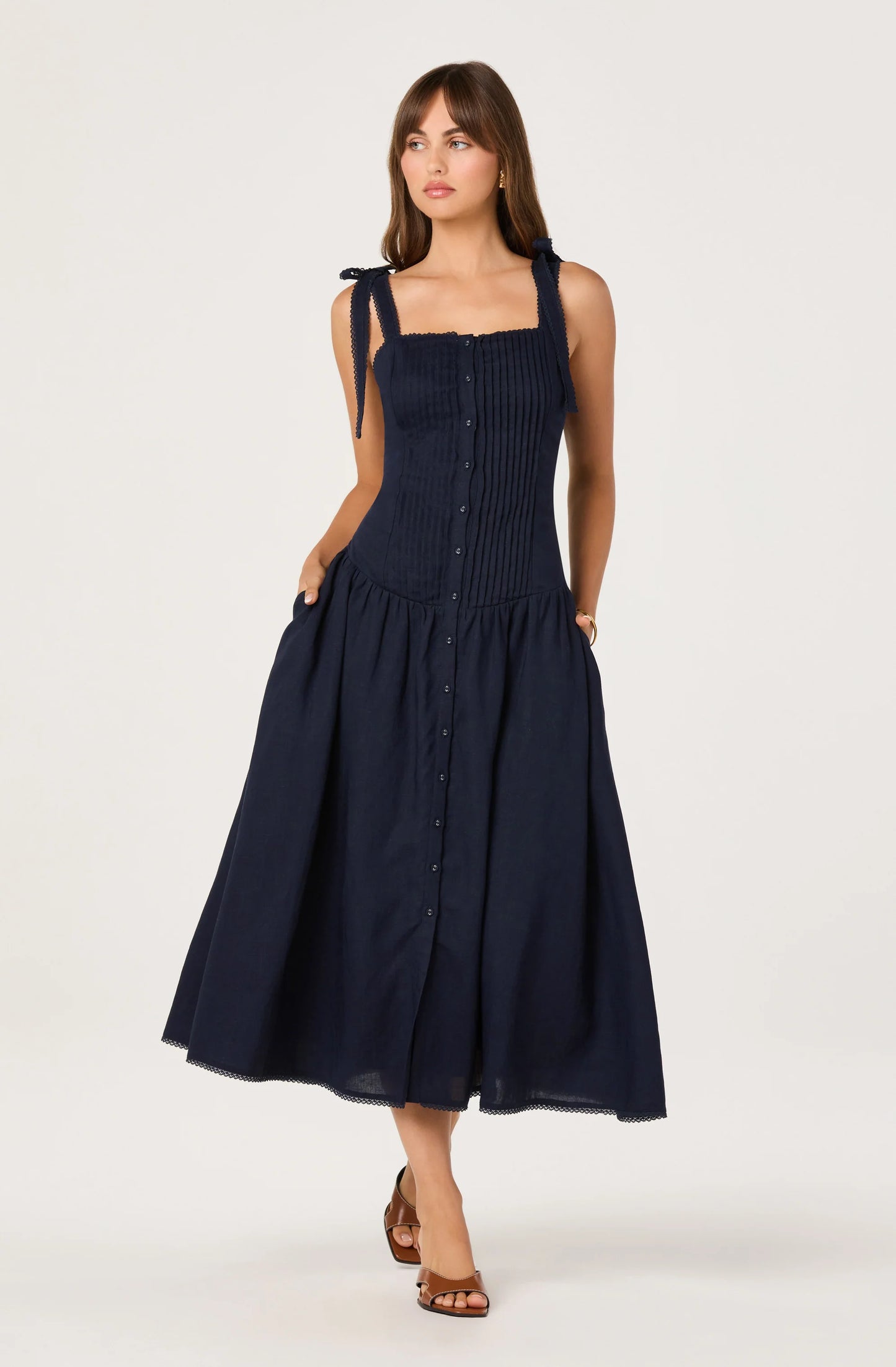 Marie Drop Waist Midi Dress - Navy