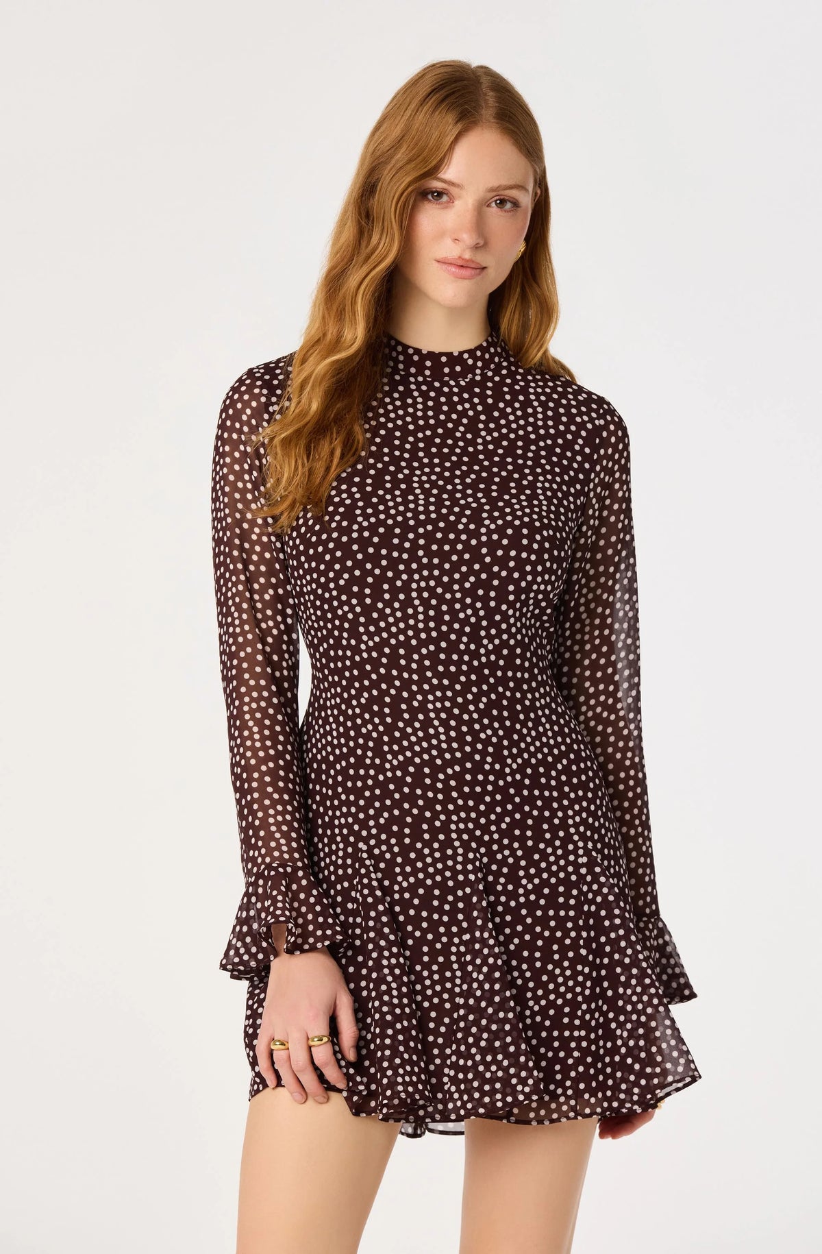 Tasha Polka Dot Mini Dress in Brown