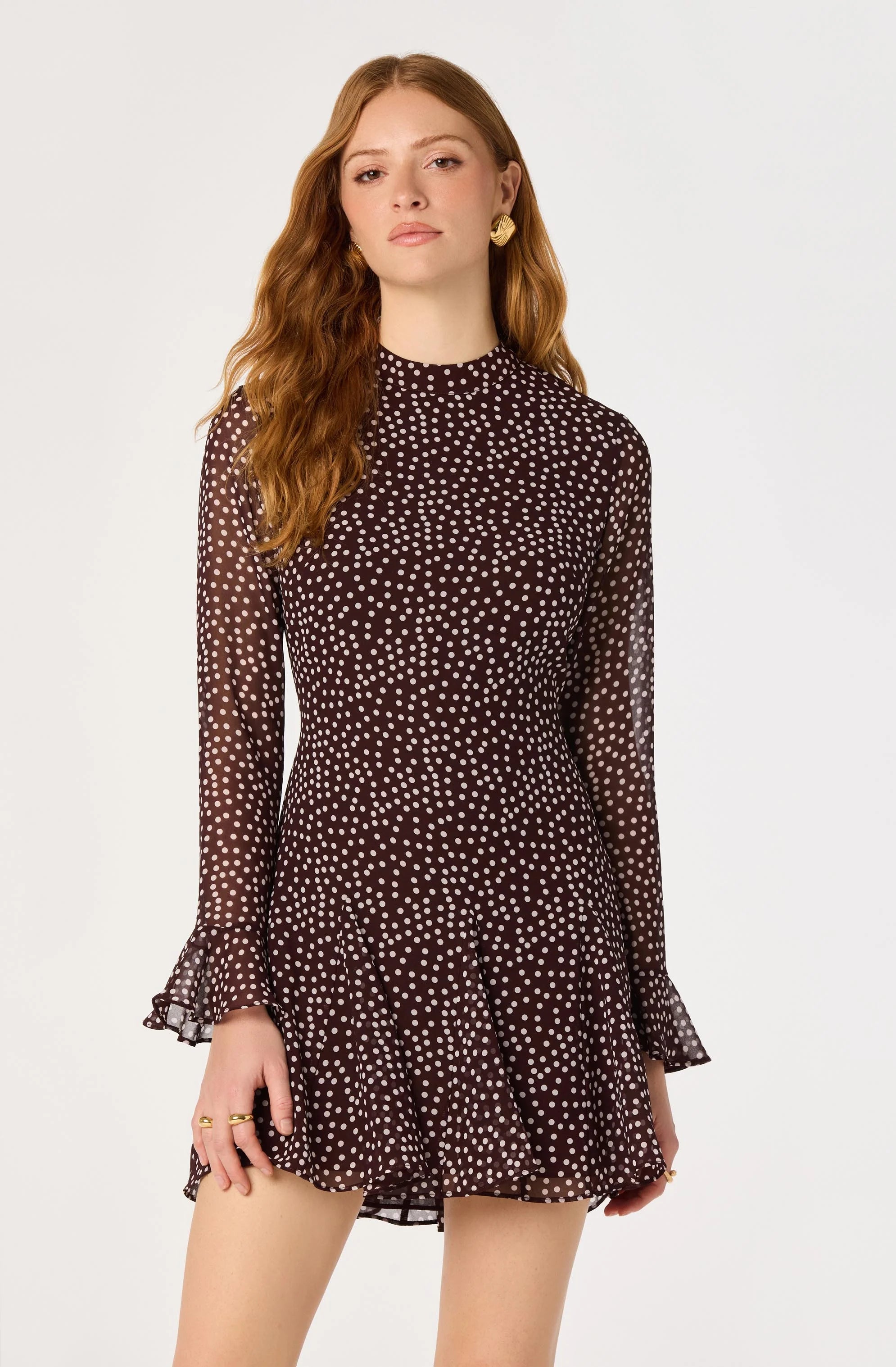 Tasha Polka Dot Mini Dress in Brown