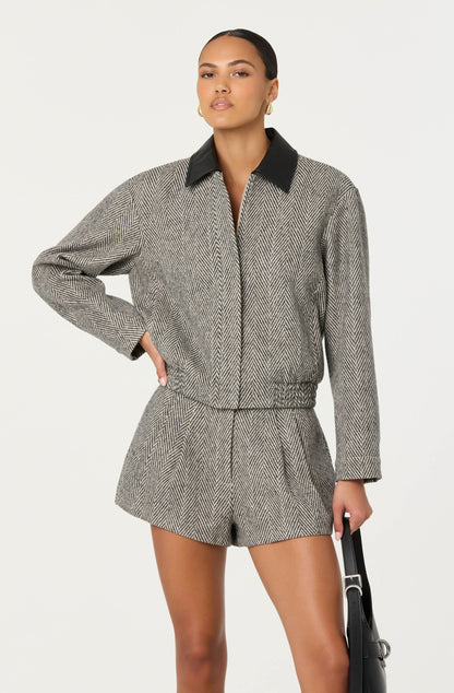 Sorine Wool Blend Pleated Shorts - Grey Herringbone