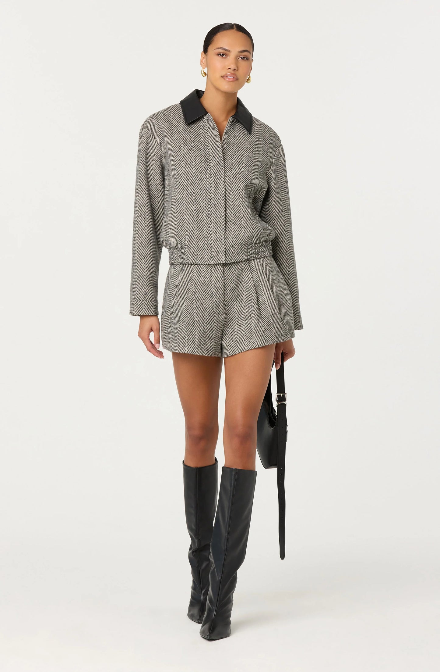 Sorine Wool Blend Pleated Shorts - Grey Herringbone