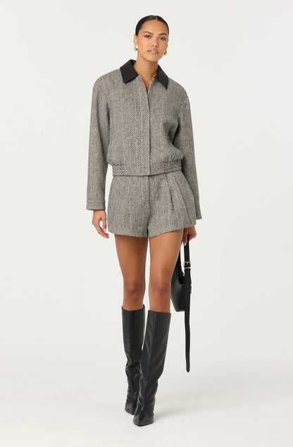 Sorine Wool Blend Pleated Shorts - Grey Herringbone