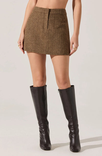 Bella Tailored Mini Skirt - Brown Herringbone