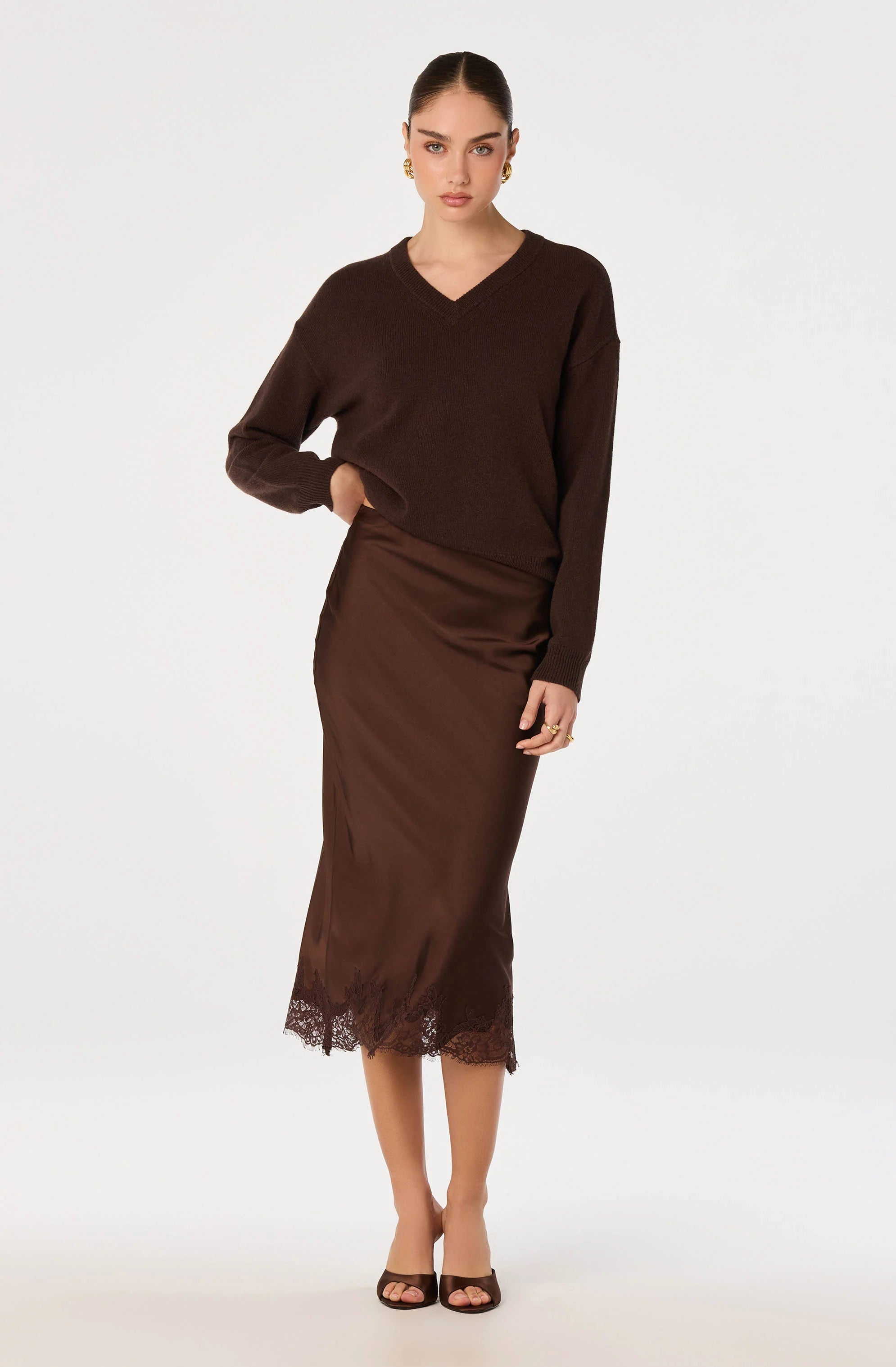 Blossom Satin Lace-Trim Midi Skirt in Brown