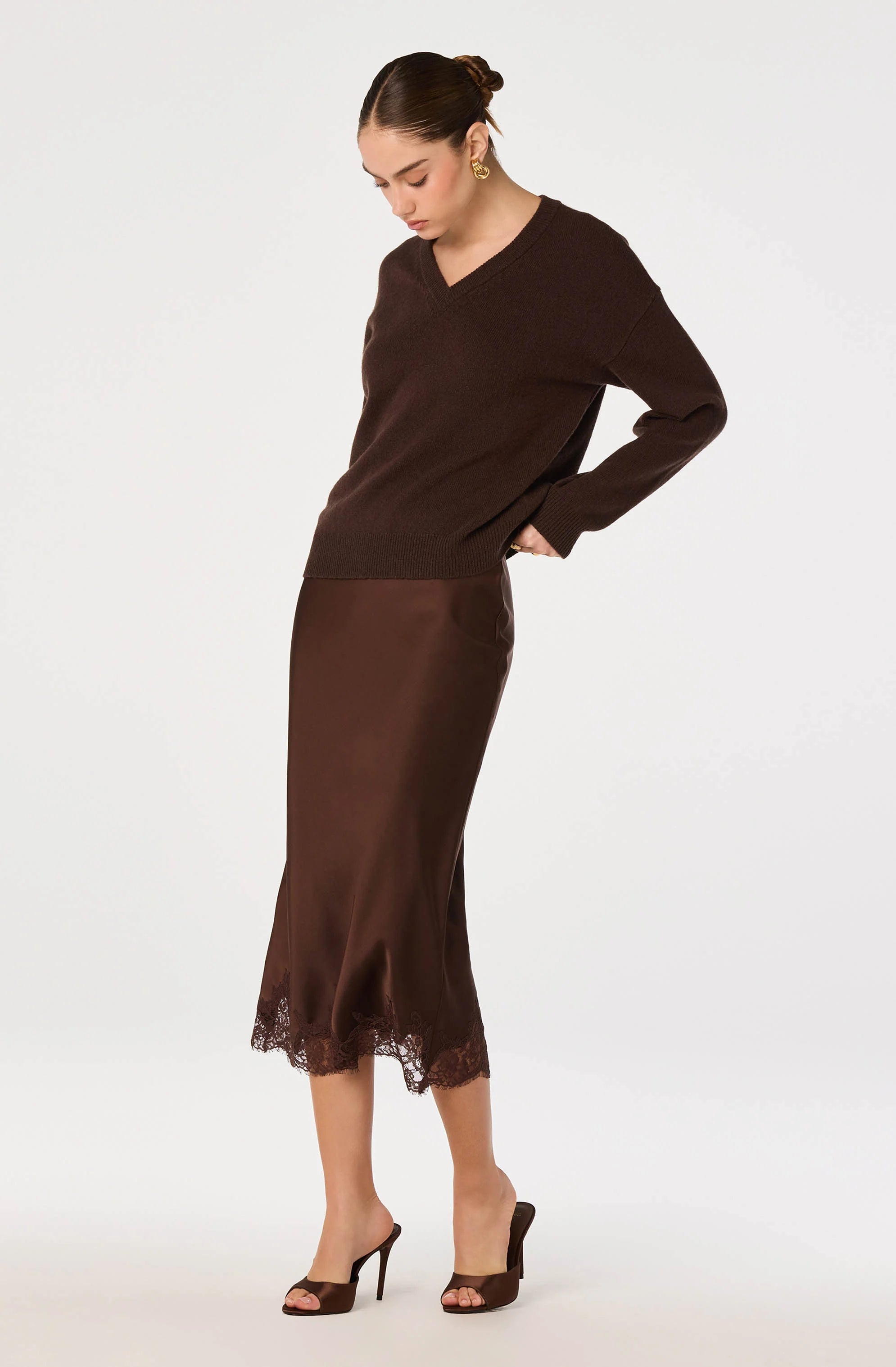 Blossom Satin Lace-Trim Midi Skirt in Brown