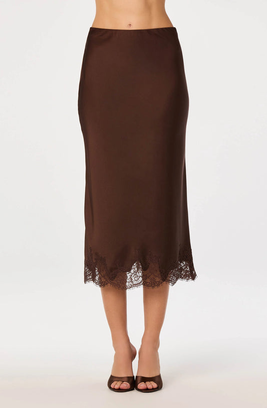 Blossom Satin Lace-Trim Midi Skirt in Brown
