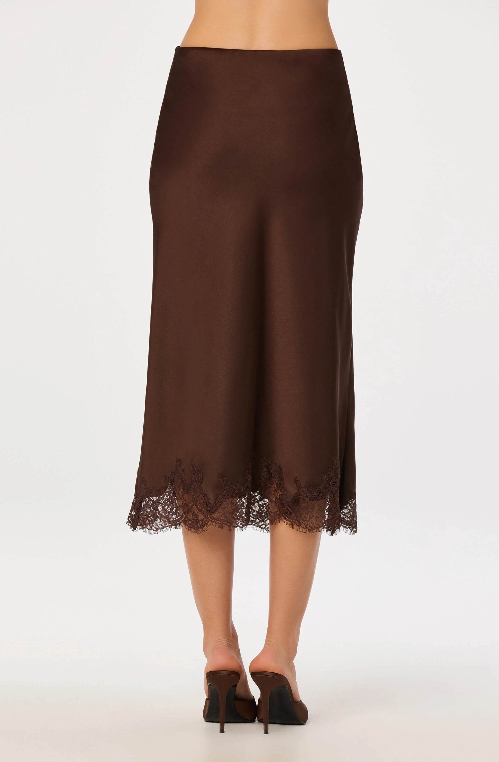 Blossom Satin Lace-Trim Midi Skirt in Brown