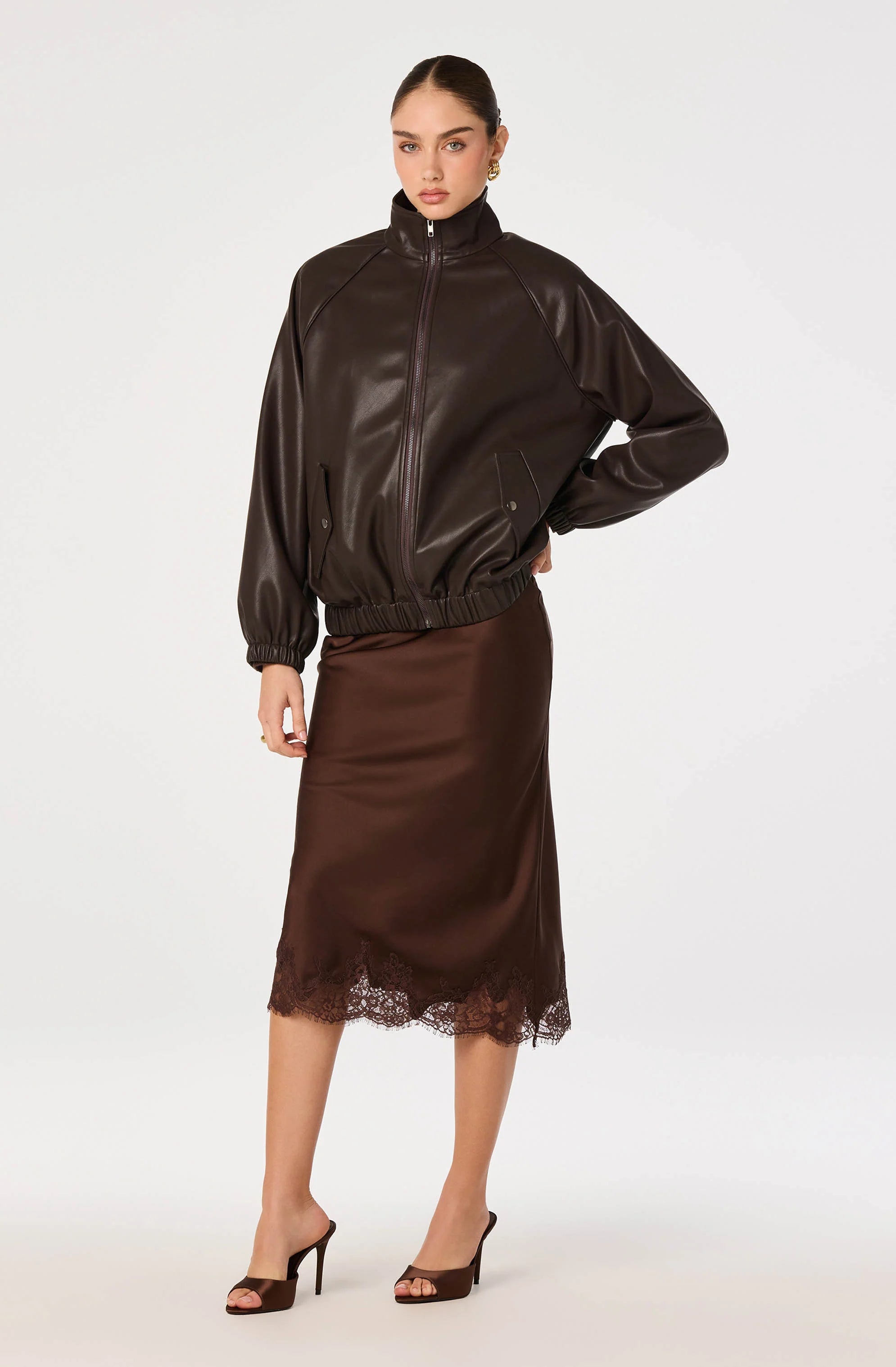 Blossom Satin Lace-Trim Midi Skirt in Brown