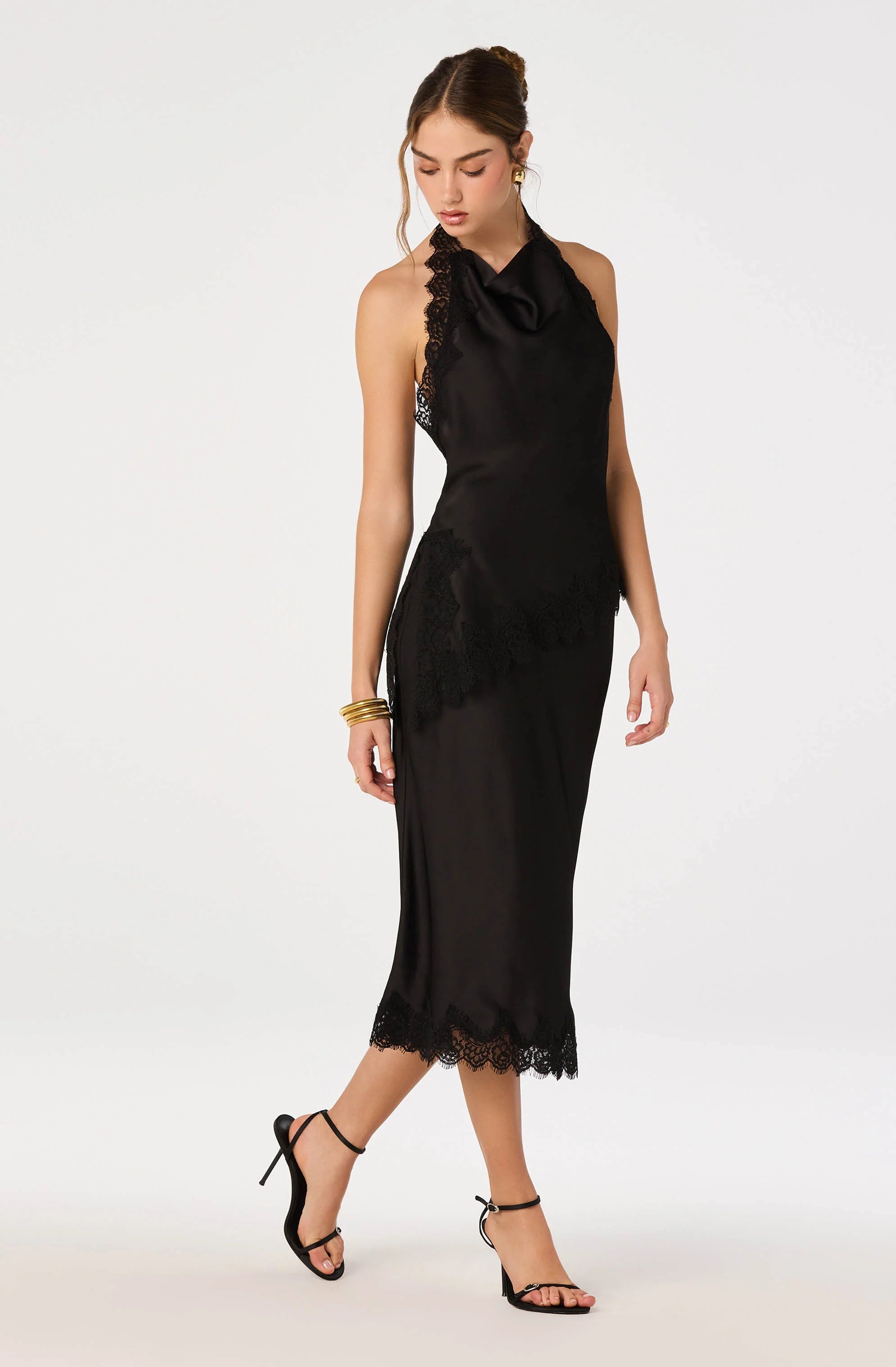 Blossom Satin Lace-Trim Midi Skirt in Black