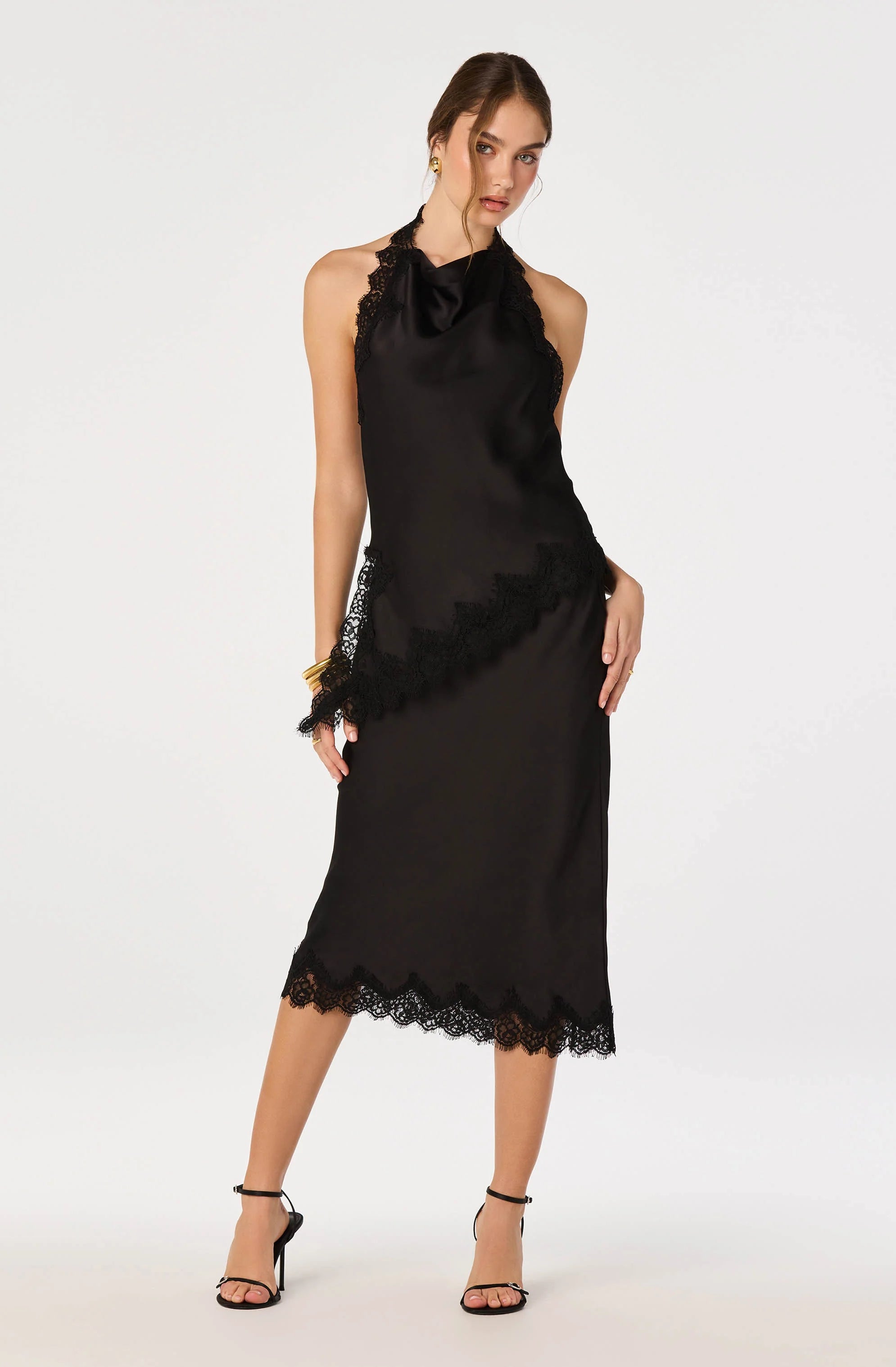 Blossom Satin Lace-Trim Midi Skirt in Black