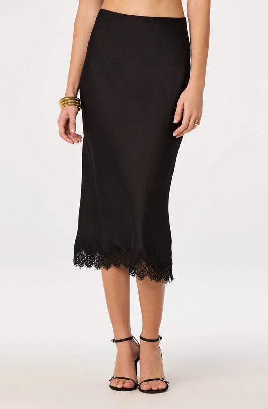 Blossom Satin Lace-Trim Midi Skirt in Black