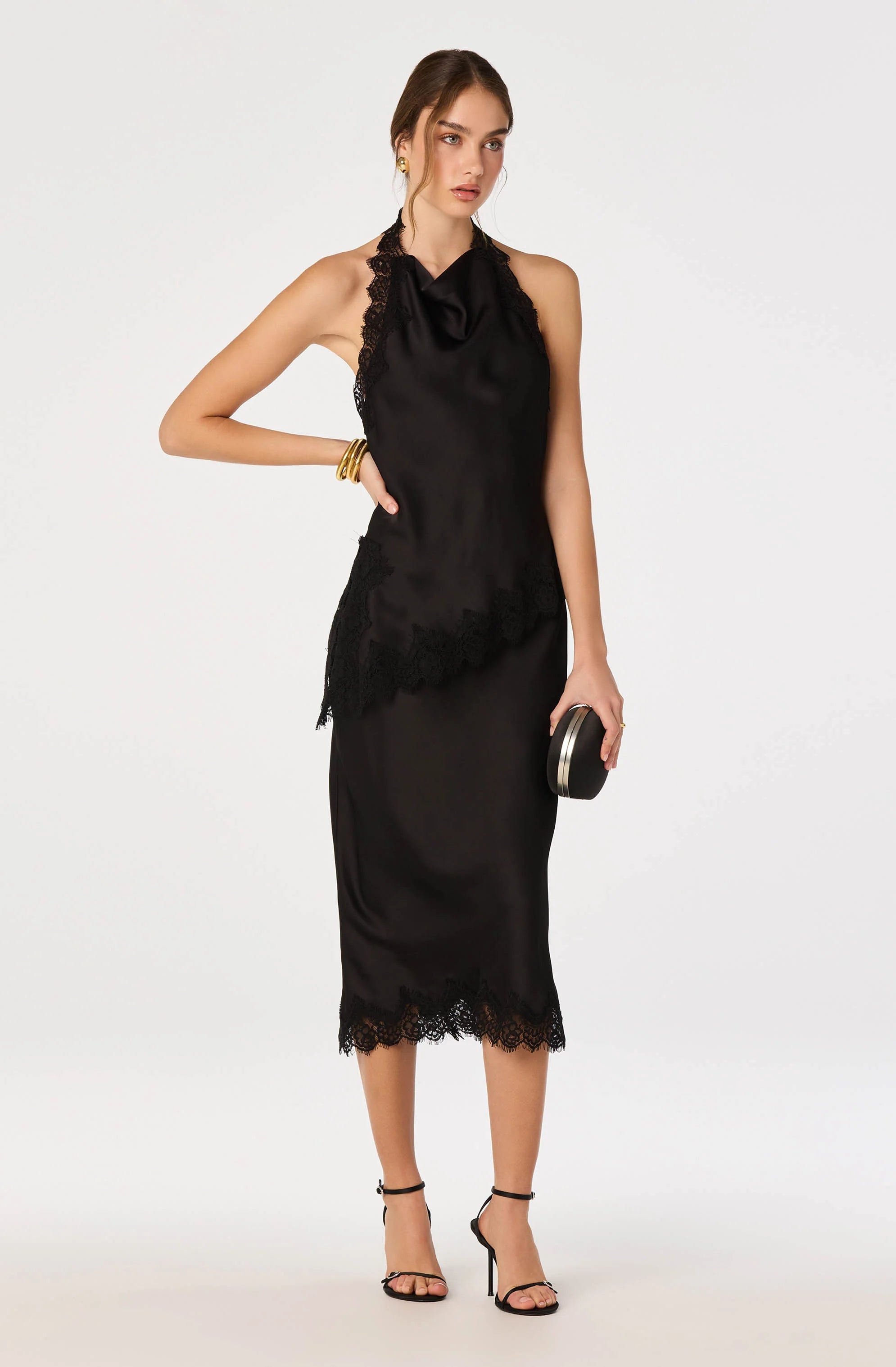 Blossom Satin Lace-Trim Midi Skirt in Black