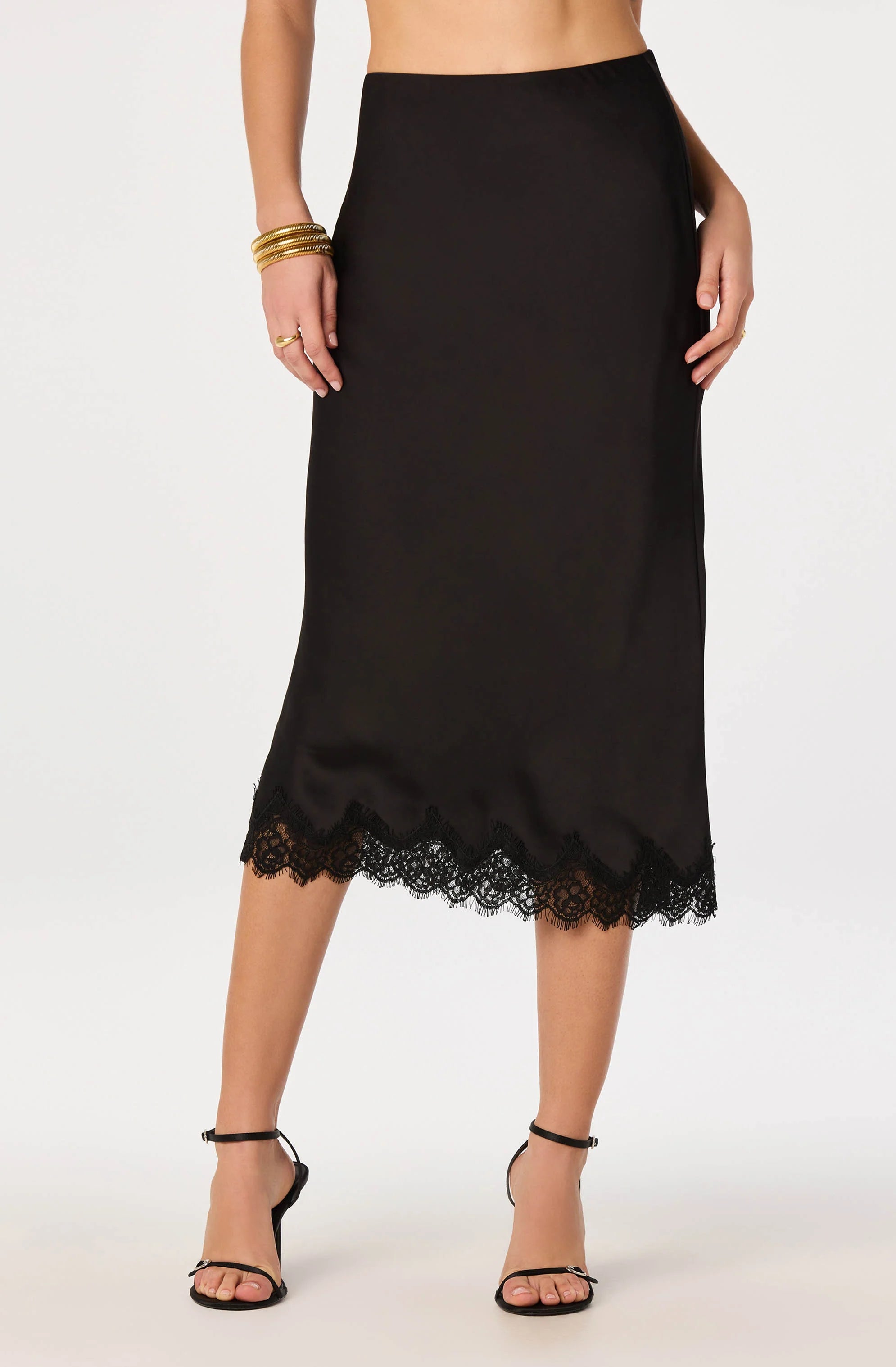 Blossom Satin Lace-Trim Midi Skirt in Black