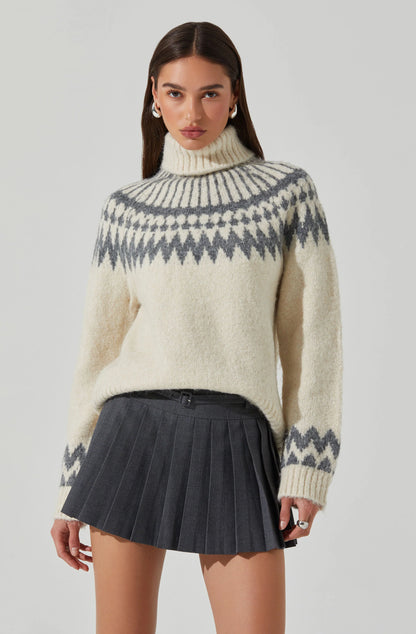 ASTR - Leka Fair Isle Turtleneck Sweater - Cream Grey